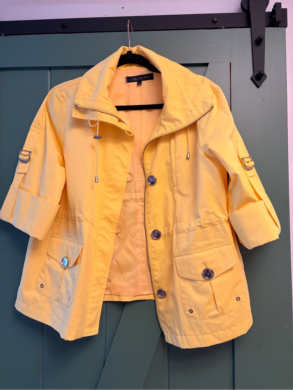 Anne Klein Bright Yellow Utility Rain Jacket with Roll-Tab Sleeves